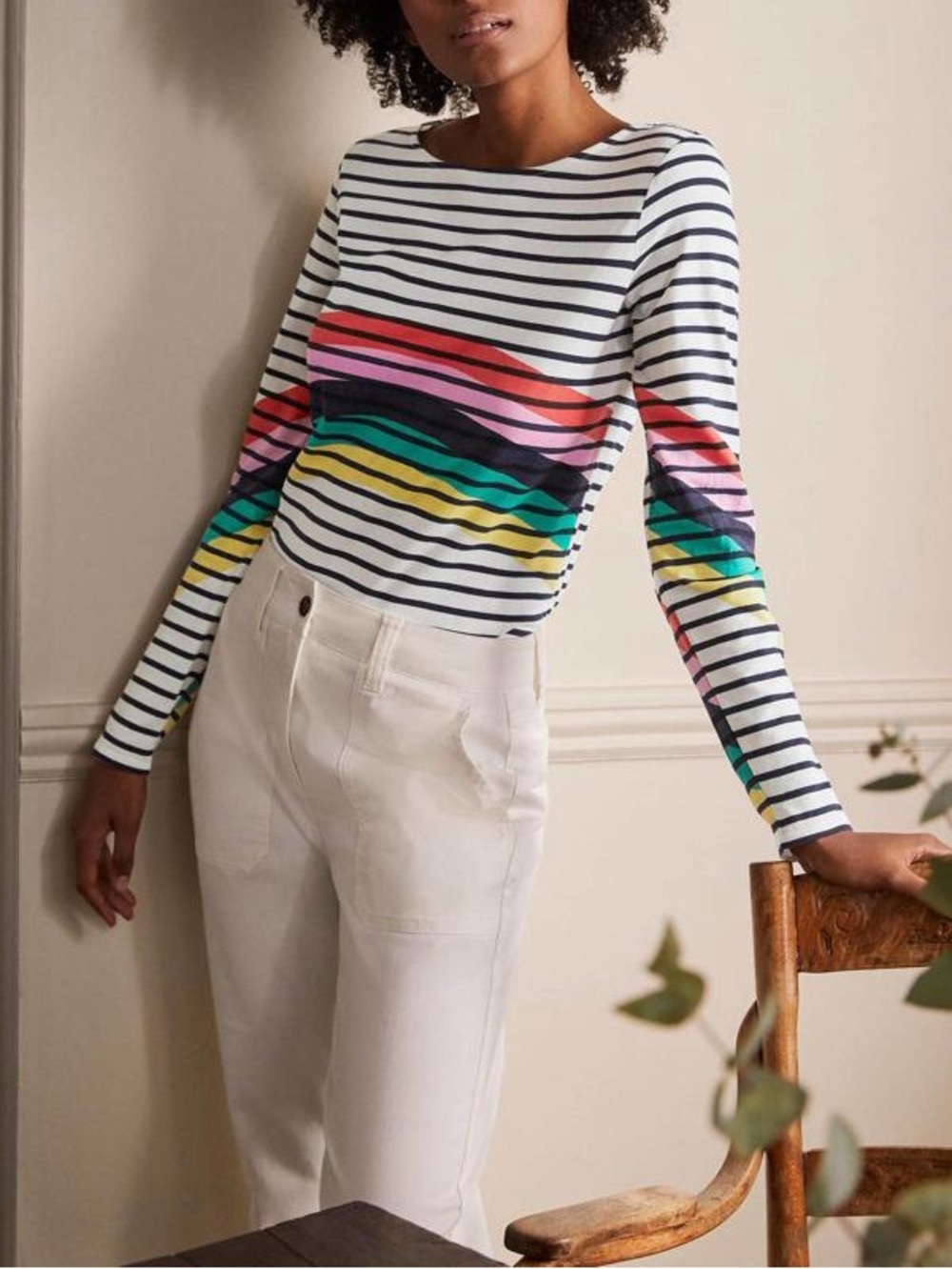 Boden Breton Striped Boatneck Long Sleeve Top with Rainbow Accent 🌈